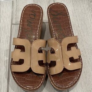 Sam Edelman Patent Tan Slide Wedge Sandals-Size 7.5
